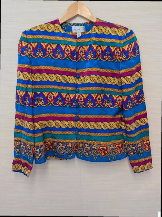 Tops - Vintage Baroque Print Blouse Blue Gold Silk Pattern Top Womens UK Size 6
